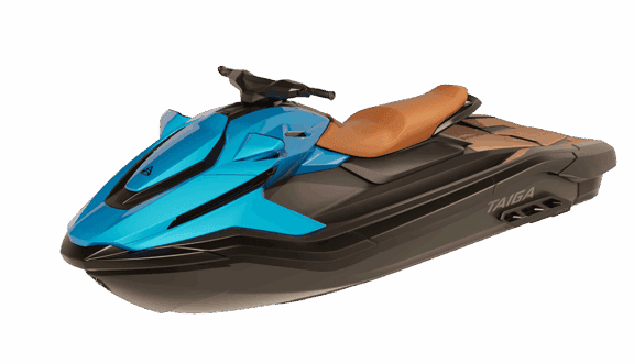 Blue-and-black personal watercraft with a tan seat, shown in side-front view against a white background.